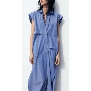 Zara Blue Striped Poplin Sleeveless Midi Shirt Dress Size Medium